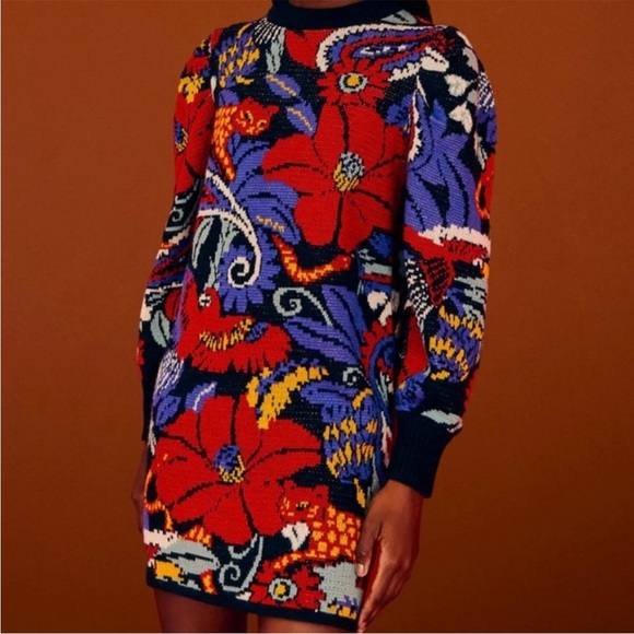 FARM Rio Red Blue Puff Sleeve Sheath Dress - Picture 2 of 8